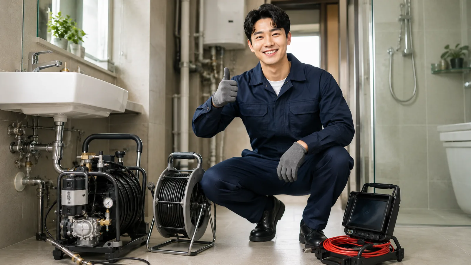 인천 변기막힘 작업복 기술자와 변기내시경·전동스프링 전문 장비